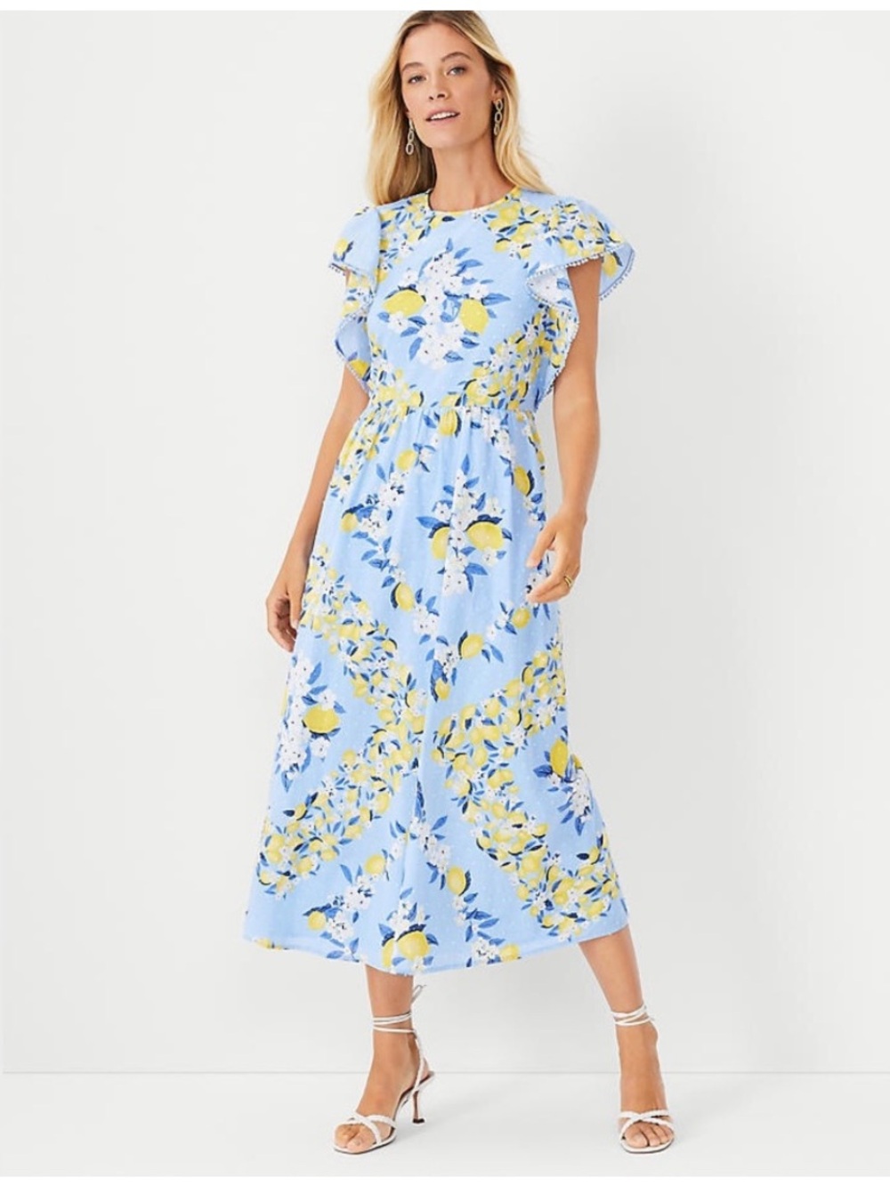 Ann Taylor Lemon Ruffle Sleeve Maxi Dress XXL Blue Yellow Cotton Novelty Print